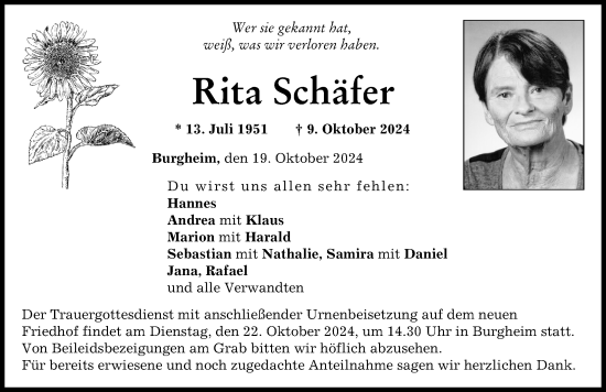 Traueranzeige von Rita Schäfer von Neuburger Rundschau