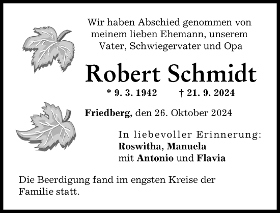 Traueranzeige von Robert Schmidt von Friedberger Allgemeine