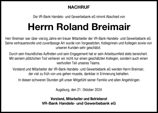 Traueranzeige von Roland Breimair von Donauwörther Zeitung