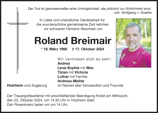 Traueranzeige von Roland Breimair von Donauwörther Zeitung