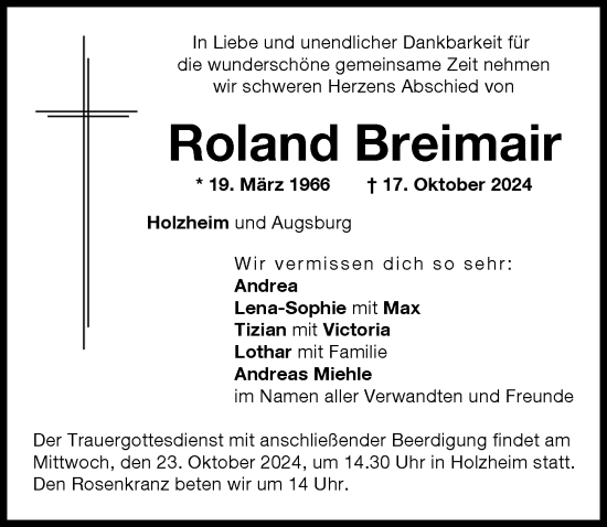 Traueranzeige von Roland Breimair von Augsburg-Land