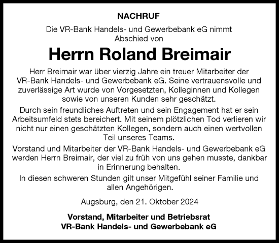 Traueranzeige von Roland Breimair von Augsburg-Land