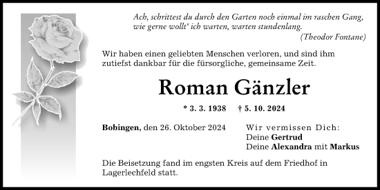 Traueranzeige von Roman Gänzler von Schwabmünchner Allgemeine
