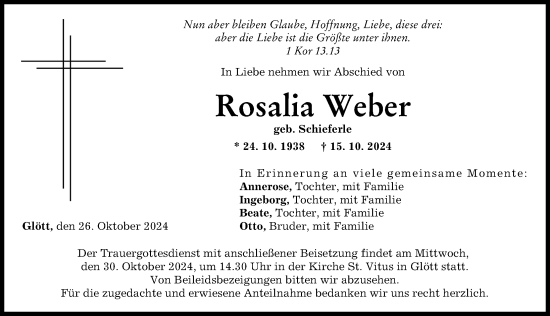 Traueranzeige von Rosalia Weber von Donau Zeitung
