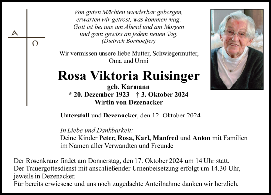 Traueranzeige von Rosa Viktoria Ruisinger von Neuburger Rundschau