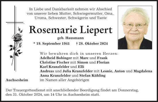 Traueranzeige von Rosemarie Liepert von Donauwörther Zeitung