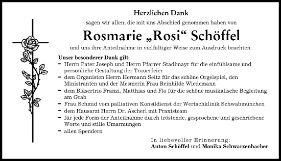 Traueranzeige von Rosmarie  Schöffel von Schwabmünchner Allgemeine