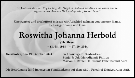 Traueranzeige von Roswitha Herbold von Augsburger Allgemeine