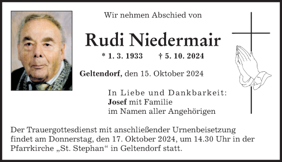 Traueranzeige von Rudi Niedermair von Landsberger Tagblatt