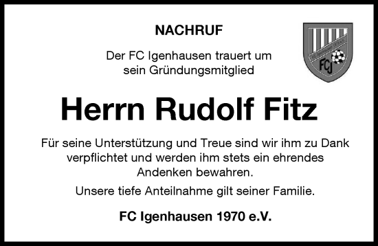 Traueranzeige von Rudolf Fitz von Aichacher Nachrichten