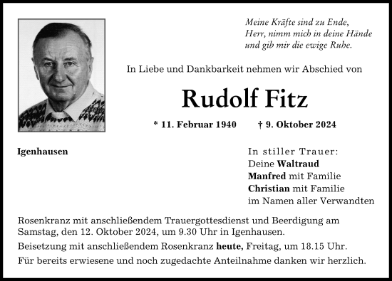 Traueranzeige von Rudolf Fitz von Aichacher Nachrichten
