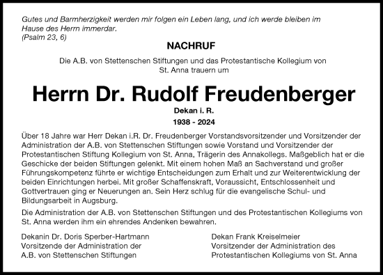 Traueranzeige von Rudolf Freudenberger von Augsburger Allgemeine