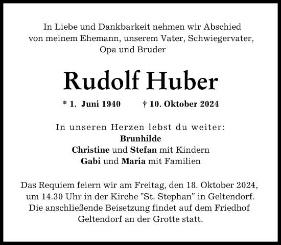 Traueranzeige von Rudolf Huber von Landsberger Tagblatt