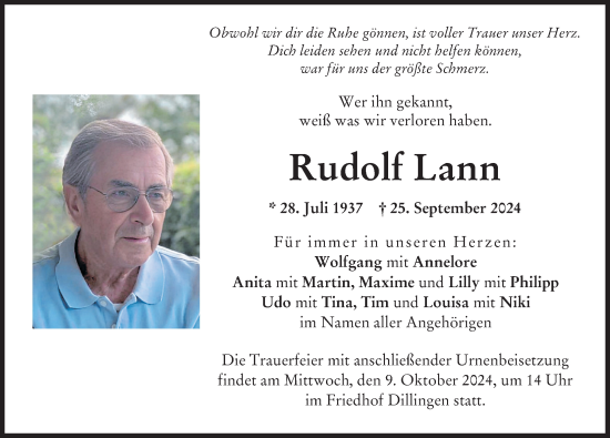 Traueranzeige von Rudolf Lann von Donau Zeitung