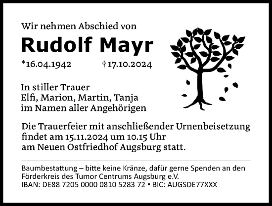 Traueranzeige von Rudolf Mayr von Augsburger Allgemeine