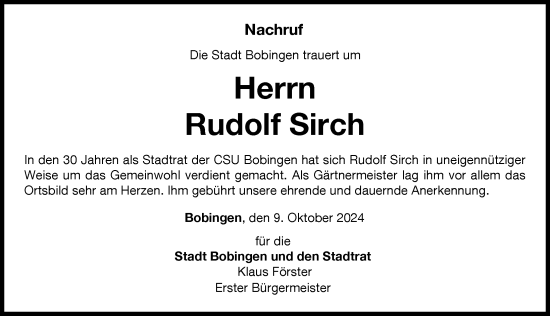 Traueranzeige von Rudolf Sirch von Schwabmünchner Allgemeine
