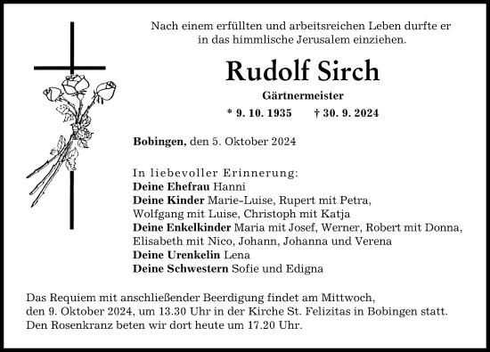 Traueranzeige von Rudolf Sirch von Schwabmünchner Allgemeine, Augsburger Allgemeine