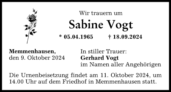 Traueranzeige von Sabine Vogt von Mittelschwäbische Nachrichten