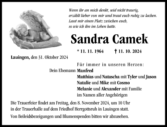 Traueranzeige von Sandra Camek von Donau Zeitung