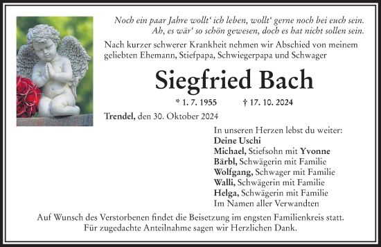 Traueranzeige von Siegfried Bach von Donauwörther Zeitung