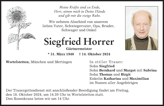 Traueranzeige von Siegfried Horrer von Wertinger Zeitung, Augsburg-Land