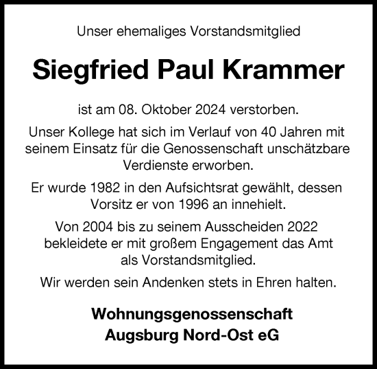 Traueranzeige von Siegfried Krammer von Augsburger Allgemeine