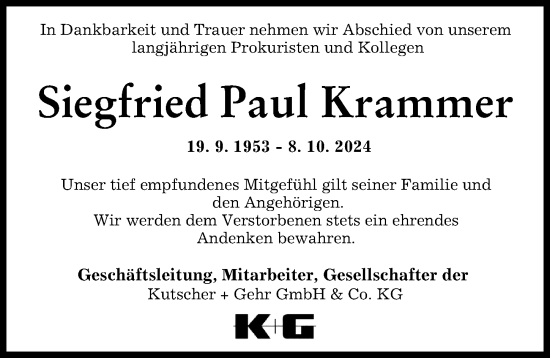 Traueranzeige von Siegfried Paul Krammer von Augsburger Allgemeine