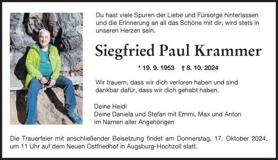 Traueranzeige von Siegfried Paul Krammer von Augsburger Allgemeine