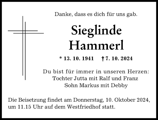 Traueranzeige von Sieglinde Hammerl von Augsburger Allgemeine