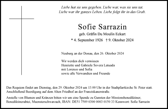 Traueranzeige von Sofie Sarrazin von Neuburger Rundschau