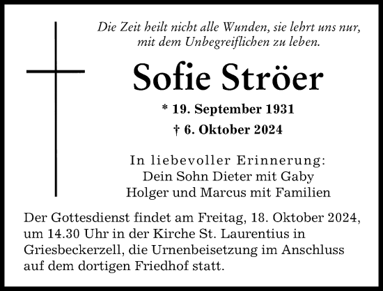 Traueranzeige von Sofie Ströer von Aichacher Nachrichten