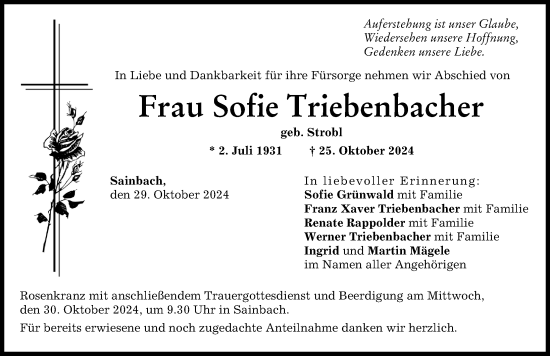 Traueranzeige von Sofie Triebenbacher von Aichacher Nachrichten