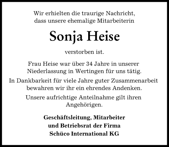 Traueranzeige von Sonja Heise von Wertinger Zeitung