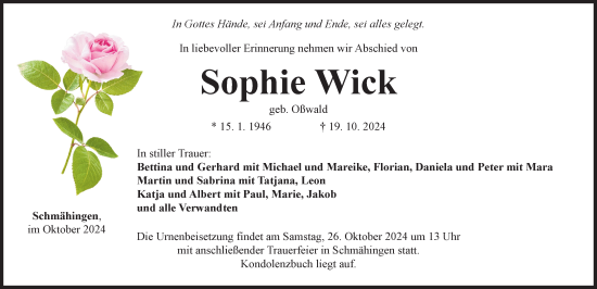 Traueranzeige von Sophie Wick von Rieser Nachrichten