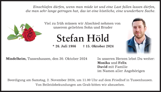Traueranzeige von Stefan Höld von Mindelheimer Zeitung