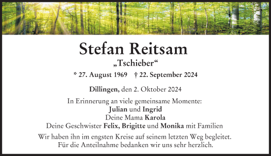 Traueranzeige von Stefan Reitsam von Donau Zeitung