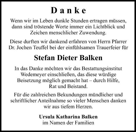 Traueranzeige von Stefan Dieter Balken von Illertisser Zeitung