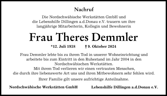 Traueranzeige von Theres Demmler von Wertinger Zeitung