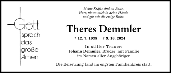 Traueranzeige von Theres Demmler von Wertinger Zeitung