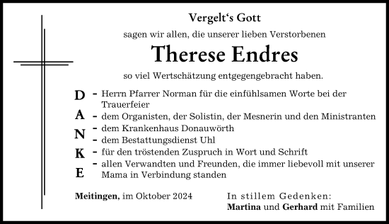 Traueranzeige von Therese Endres von Augsburg-Land