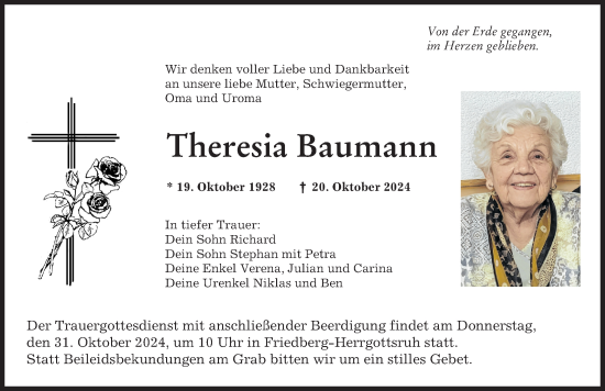 Traueranzeige von Theresia Baumann von Augsburger Allgemeine