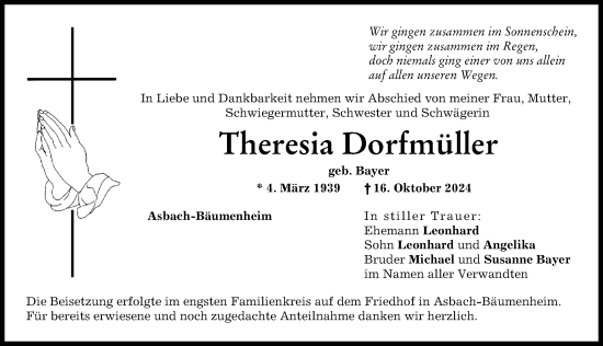 Traueranzeige von Theresia Dorfmüller von Donauwörther Zeitung