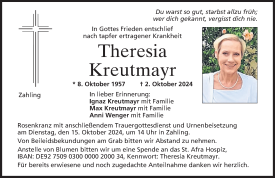 Traueranzeige von Theresia Kreutmayr von Aichacher Nachrichten