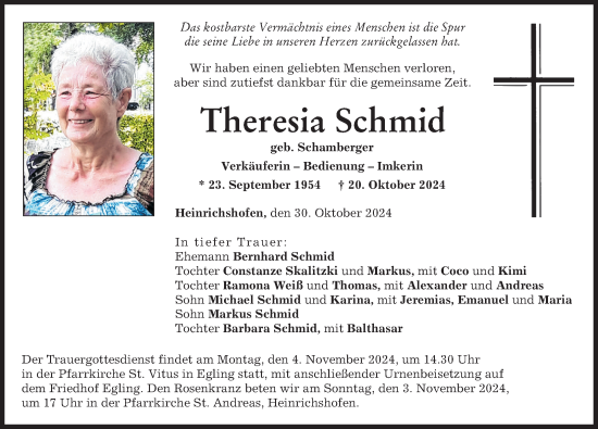 Traueranzeige von Theresia Schmid von Friedberger Allgemeine, Landsberger Tagblatt