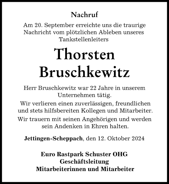 Traueranzeige von Thorsten Bruschkewitz von Günzburger Zeitung