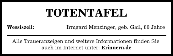 Traueranzeige von Totentafel vom 12.10.2024 von Aichacher Nachrichten