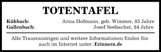 Traueranzeige von Totentafel vom 15.10.2024 von Aichacher Nachrichten