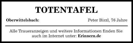 Traueranzeige von Totentafel vom 17.10.2024 von Aichacher Nachrichten