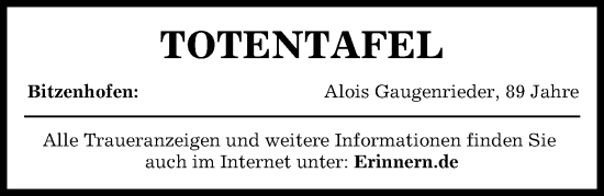 Traueranzeige von Totentafel vom 19.10.2024 von Aichacher Nachrichten