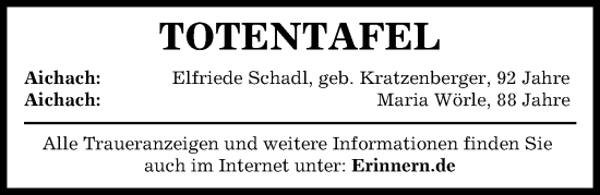 Traueranzeige von Totentafel vom 23.10.2024 von Aichacher Nachrichten